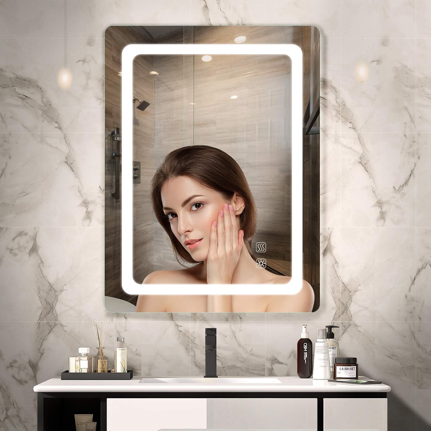Dutsekk 24 x 32 Inch LED Vanity Bathroom Mirror Anti-Fog Dimmable IP44 Waterproof, LED Lighted Bathroom Mirror Wall Mounted with Touch Switch Control, 3 Light Modes for Makeup (Horizontal/Vertiacl)