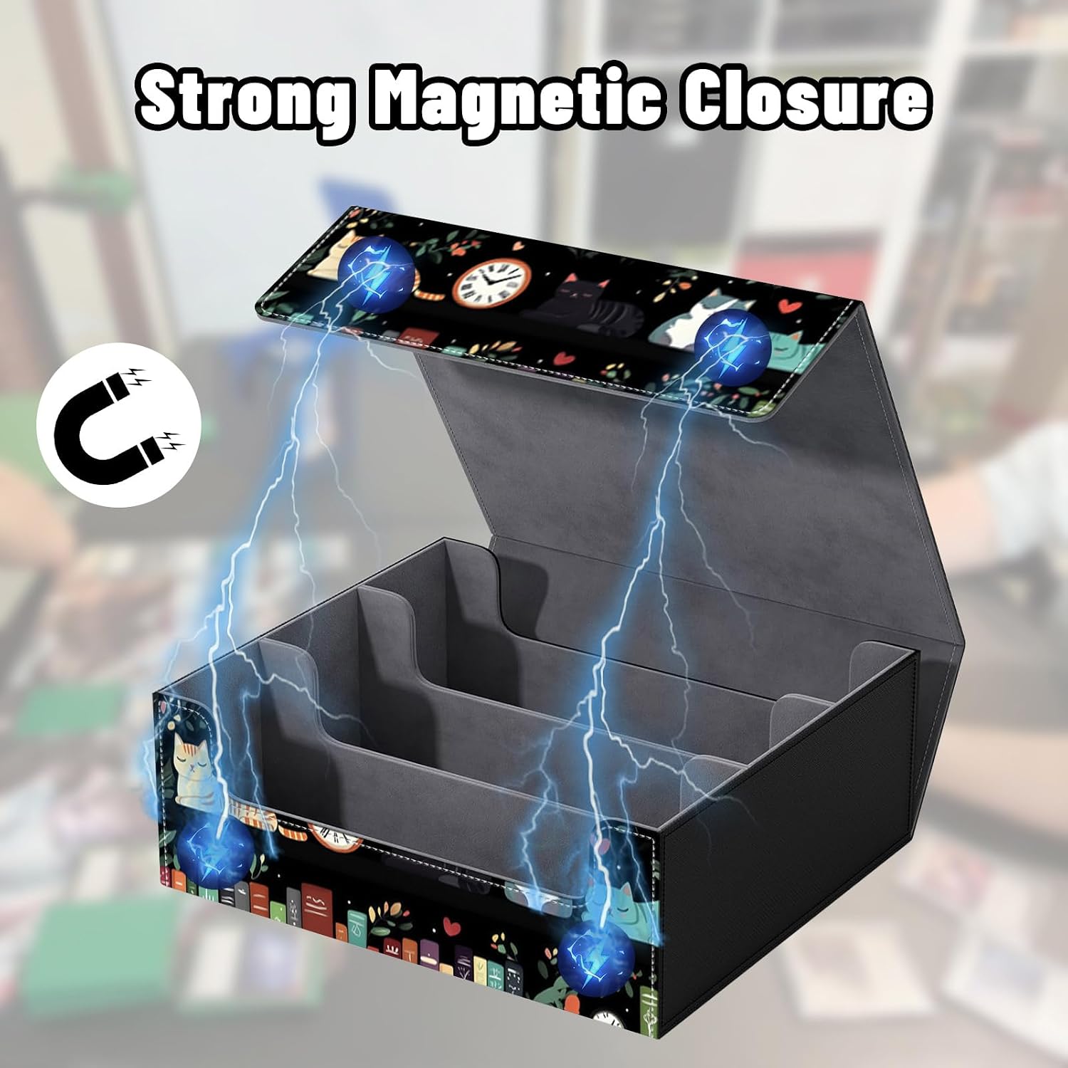 DEGDFSGR Card Game Storage Box for TCG MTG Commander Deck Box MTG Card Box Organizer Trading Card Case Magnetic Closure Creative Pattern Up to 2400 Cards, Cute Cat Bookshelf Clock image 5