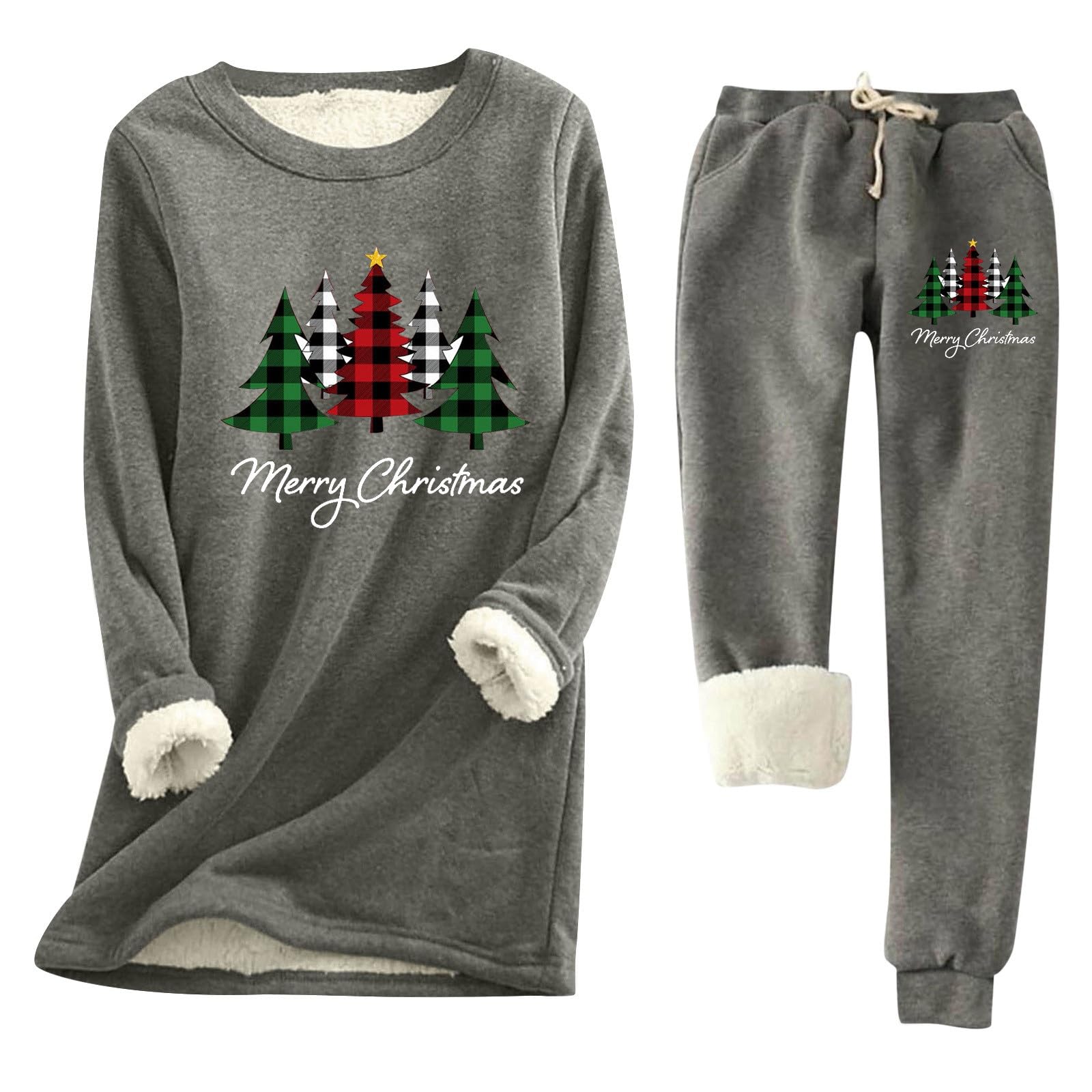 Pijama de Navidad para mujer, traje térmico estampado de felpa, dos piezas, cuello redondo, forro polar y pantalones térmicos, traje de casa suave y ligero, ropa de salón térmica