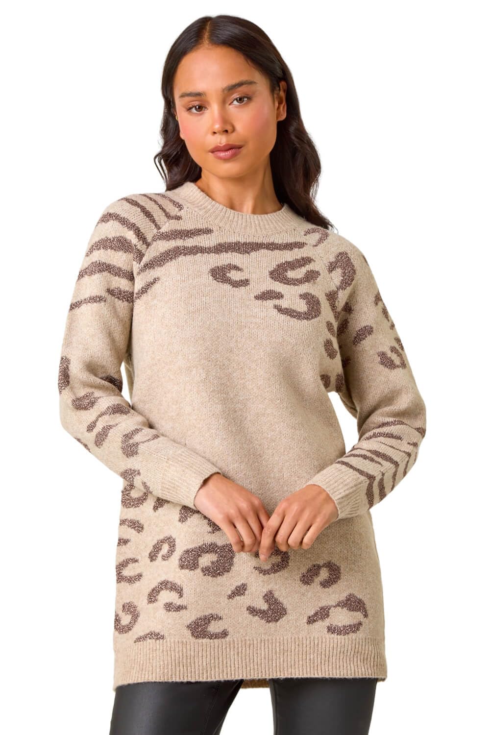 Roman Women's Stone Petite Animal Print Longline Stretch Jumper In | : Size 14