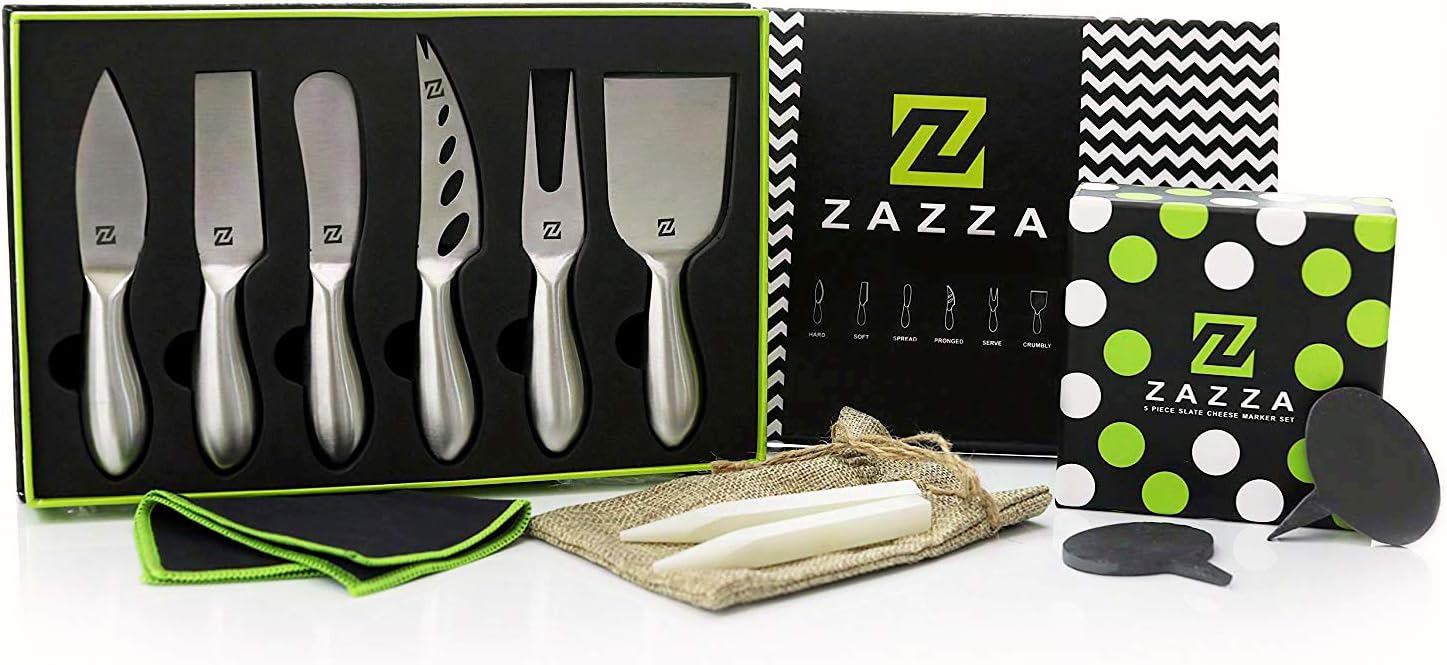 Zazza Premium 6-Piece Cheese Knife Set PLUS 5 Cheese Markers Set 2 Soapstone Chalks with Gift Box Perfect for Charcuterie Boards Wine and Cheese Parties