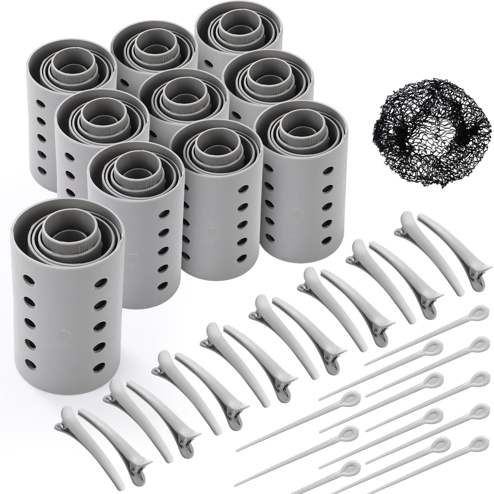 WILLBOND 141 Pcs Hair Rollers Set Include Plastic Hair Rollers with Pins and Clips (Grey)