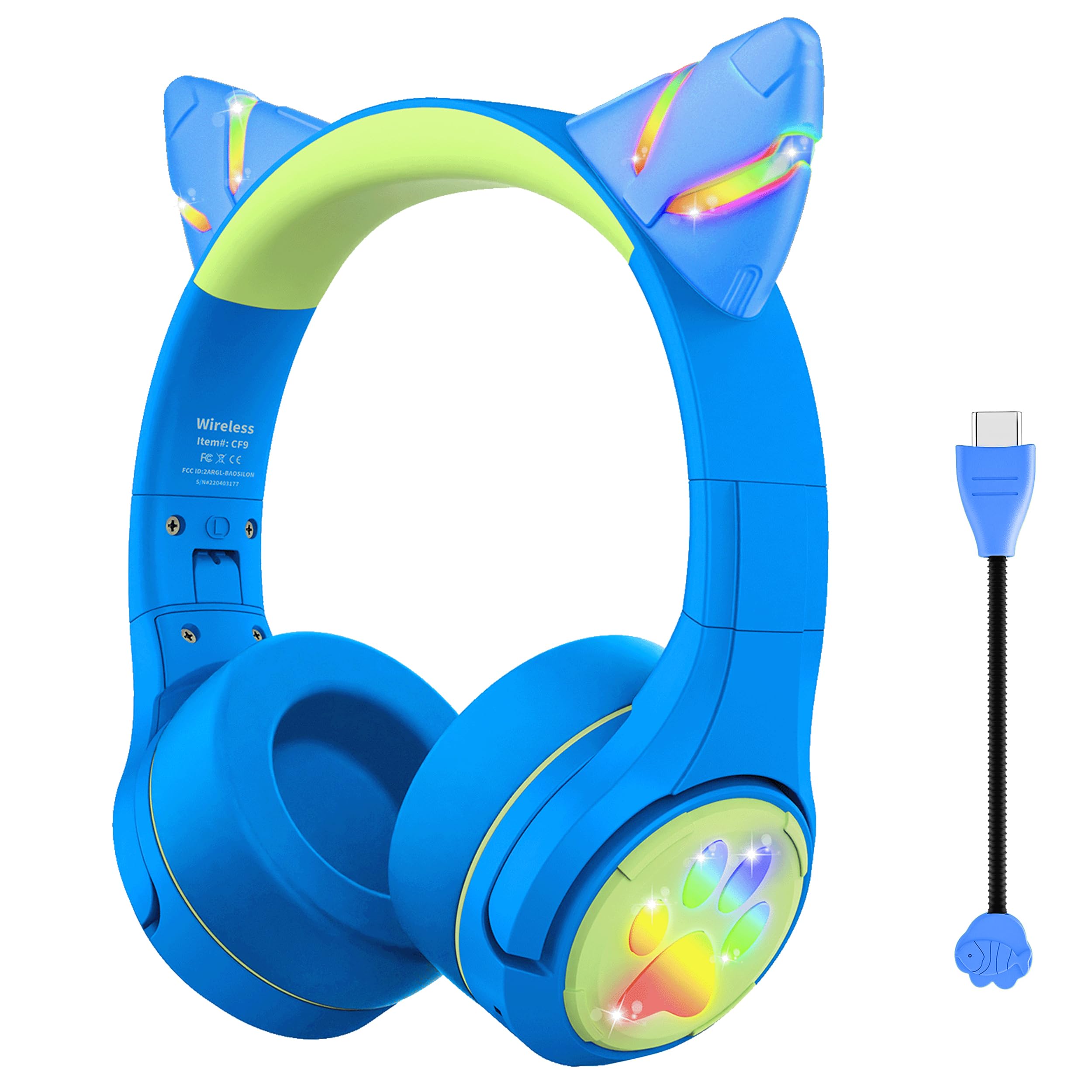 Riwbox CF9 - Cuffie Bluetooth per bambini, con orecchie di gatto, con luce LED, microfono ad asta e microfono integrato per chiamate, volume limitato di 85 dB, cuffie wireless e cablate, per la scuola