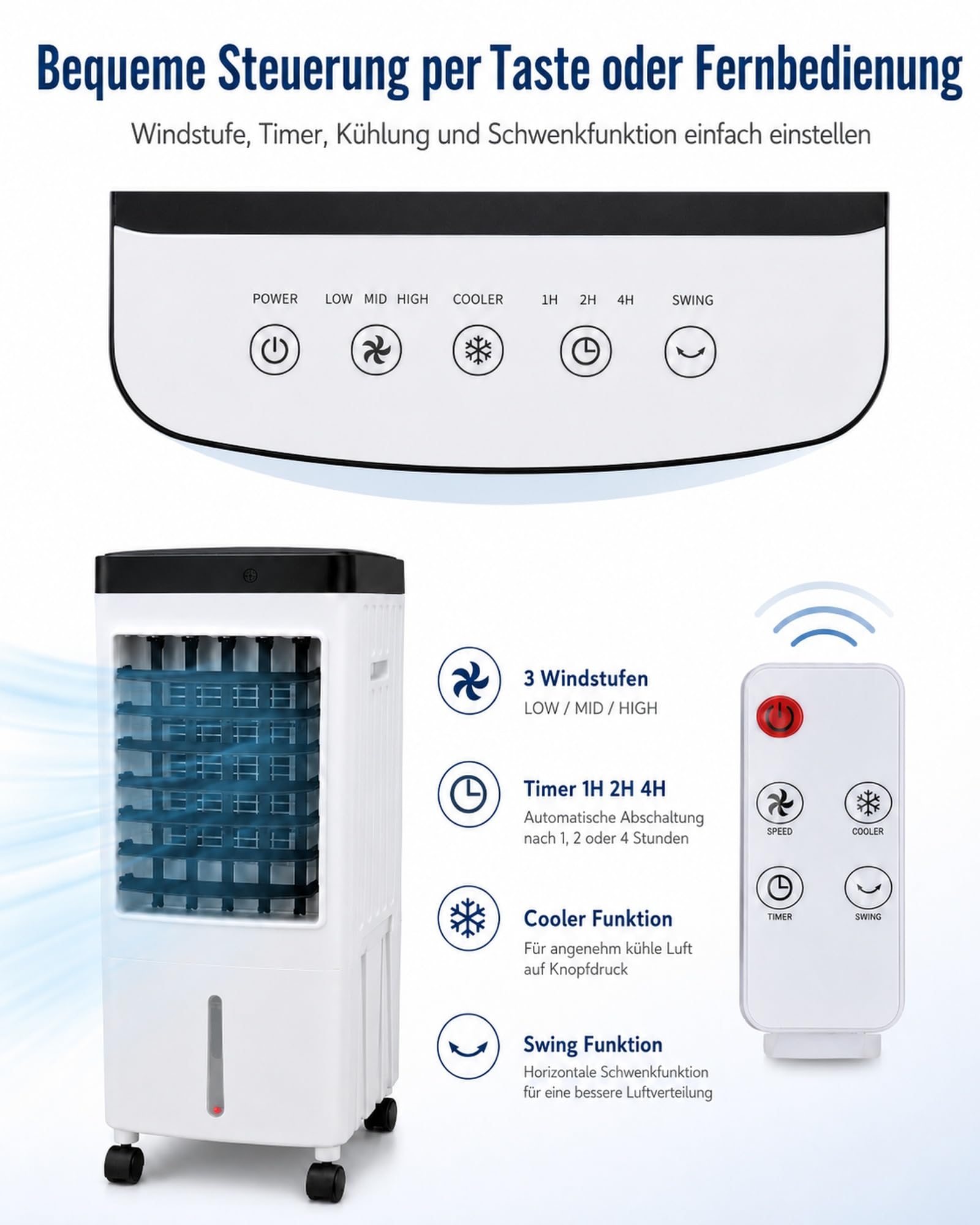 Luftkühler Mobiles Klimagerät ohne Abluftschlauch, Wassergekühlter Kühlventilator mit 3 Windstufen, Fernbedienung, Eisboxen und Schwenkfunktion für Zuhause, Schlafzimmer und Büro