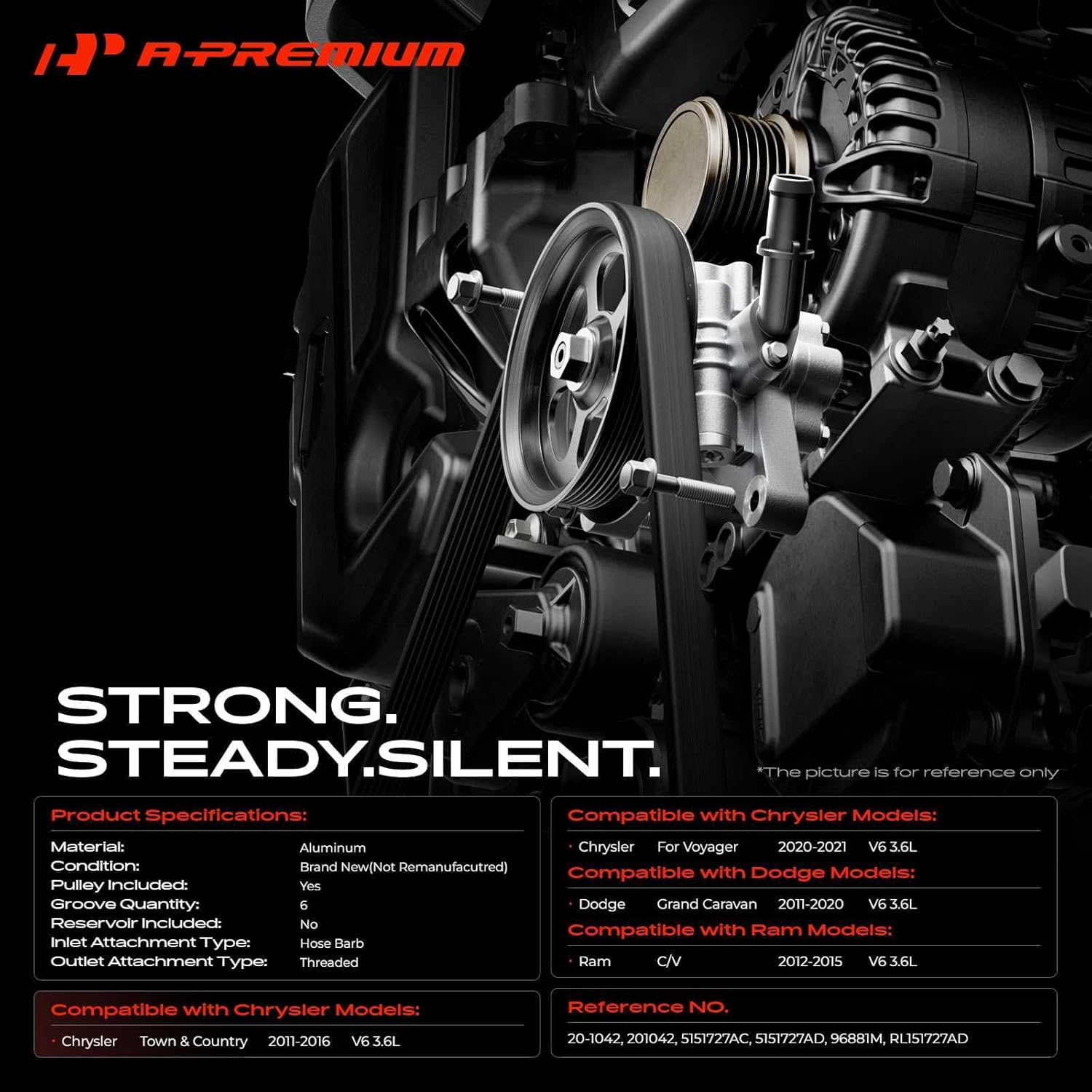 A-Premium Power Steering Pump, with Pulley & Inlet line, Compatible with Dodge Grand Caravan 2011-2020 3.6L & Chrysler Town & Country 2011-2016 3.6L, Voyager 2020-2021 3.6L & Ram C/V 2012-2015 3.6L