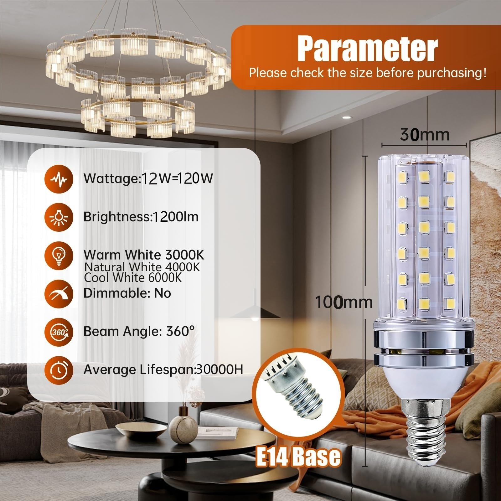 Bombilla LED E14 12W Casquillo SES Pequeño Edison Bombilla Sin Parpadeo 1200LM No Regulable Equivalente 120W Bombilla Maíz for Lámpara Techo Pared Mesa(Natural White 4000K,8 Pack)