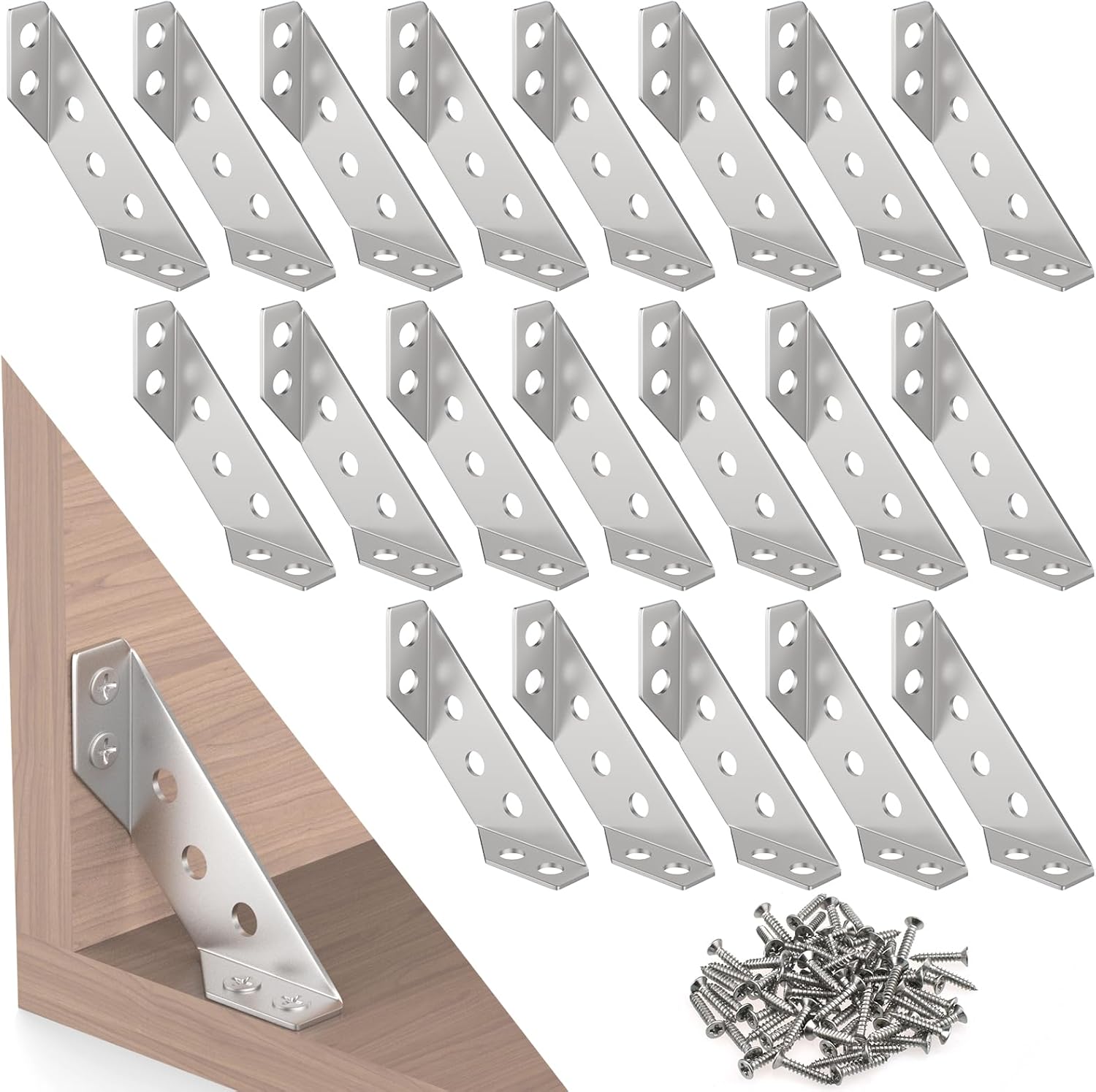 Aifeier ET 20PCS Furniture Corner Connector, Stainless Steel Corner Bracket Furniture Triangle Support Brace Angle Fasten Connector with 140 Screws for Wood Shelf, Cabinets, Tables, Chairs