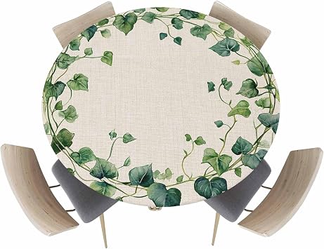Summer Pastoral Watercolor Green Leaves Round Fitted Tablecloth with Elastic Edge, Waterproof Table Cloth Fits Tables Up to 36"-44", Washable Table Cover for Indoor Outdoor, Linen Background