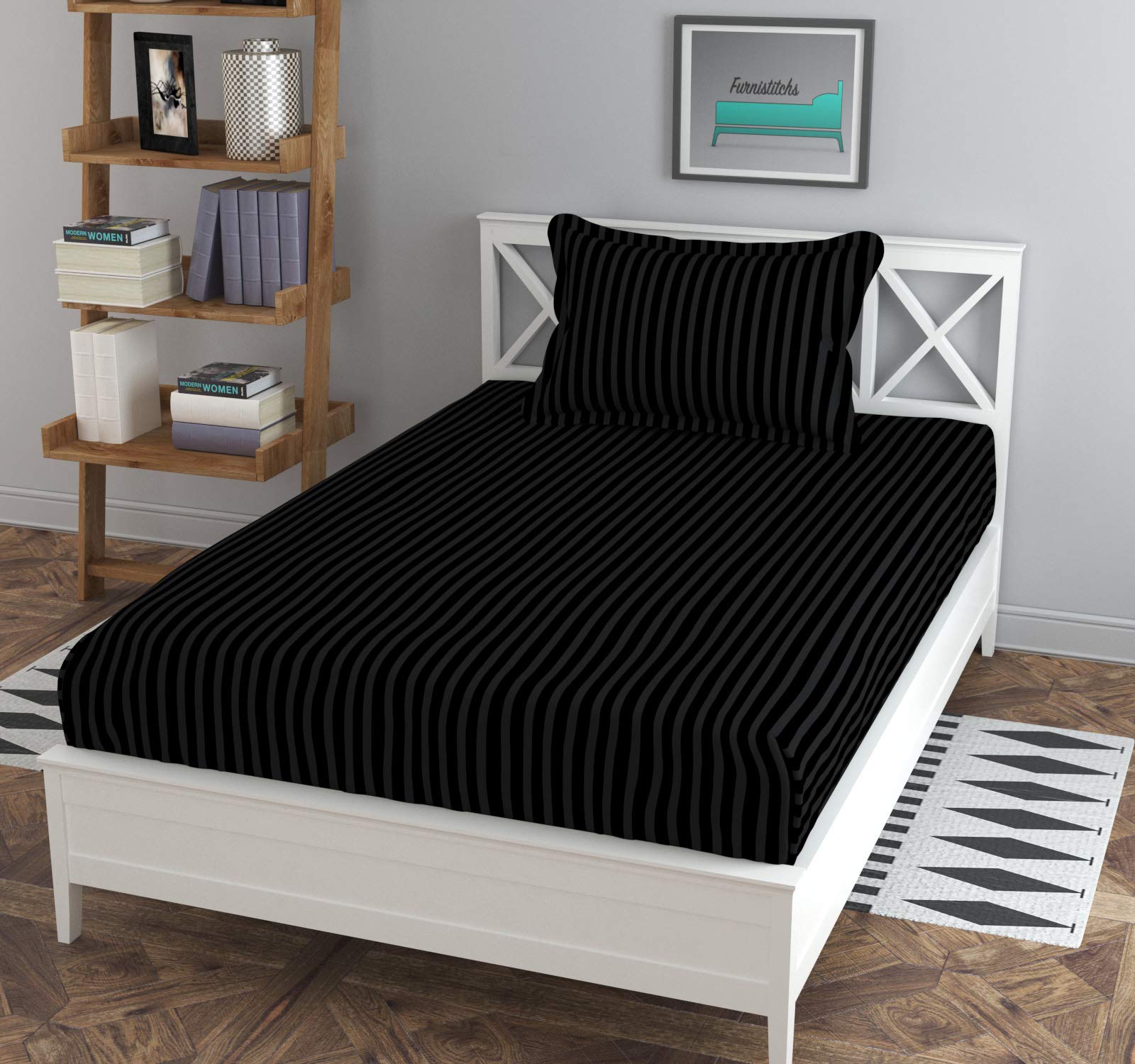 Furnistitchs Plain Stripes Single Elastic Fitted Bedsheets with 1 Pillow Cover, (Black) (B08ZL3Z7ZY) Amazon Price History, Amazon Price Tracker