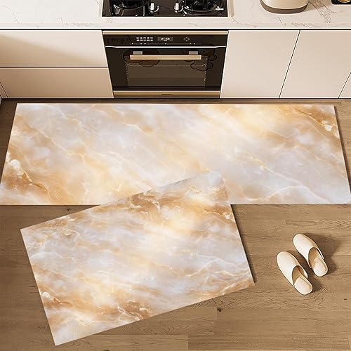 2Pcs Elegant Marble Texture Kitchen Mats for Floor Beige Retro Aesthetics Printed Non-Slip Washable Rugs Set Runner for Holiday Decor Entrance Porch