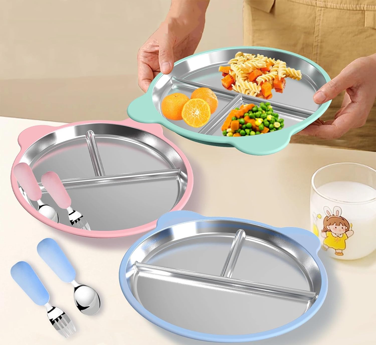6 Pcs Stainless Steel Toddler Plates with Spoons & Forks, Silicone Suction Baby Plates, Stainless Steel Kids Plates, Baby Feeding Set