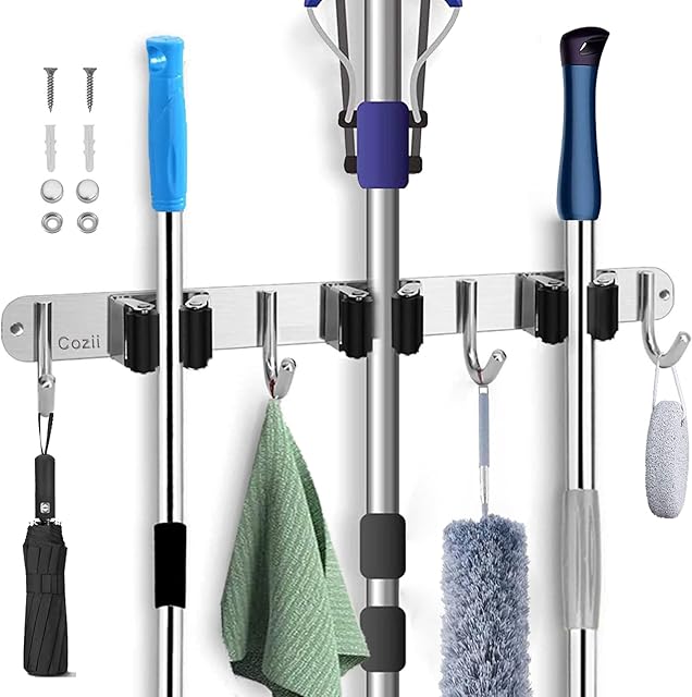 Upgrade Broom Holder Wall Mount Garage Organizer Garden Tool Organizer Heavy Duty Holds Up to 30 lbs,Hooks Hanger Rack Storage & Home Organization (Black)