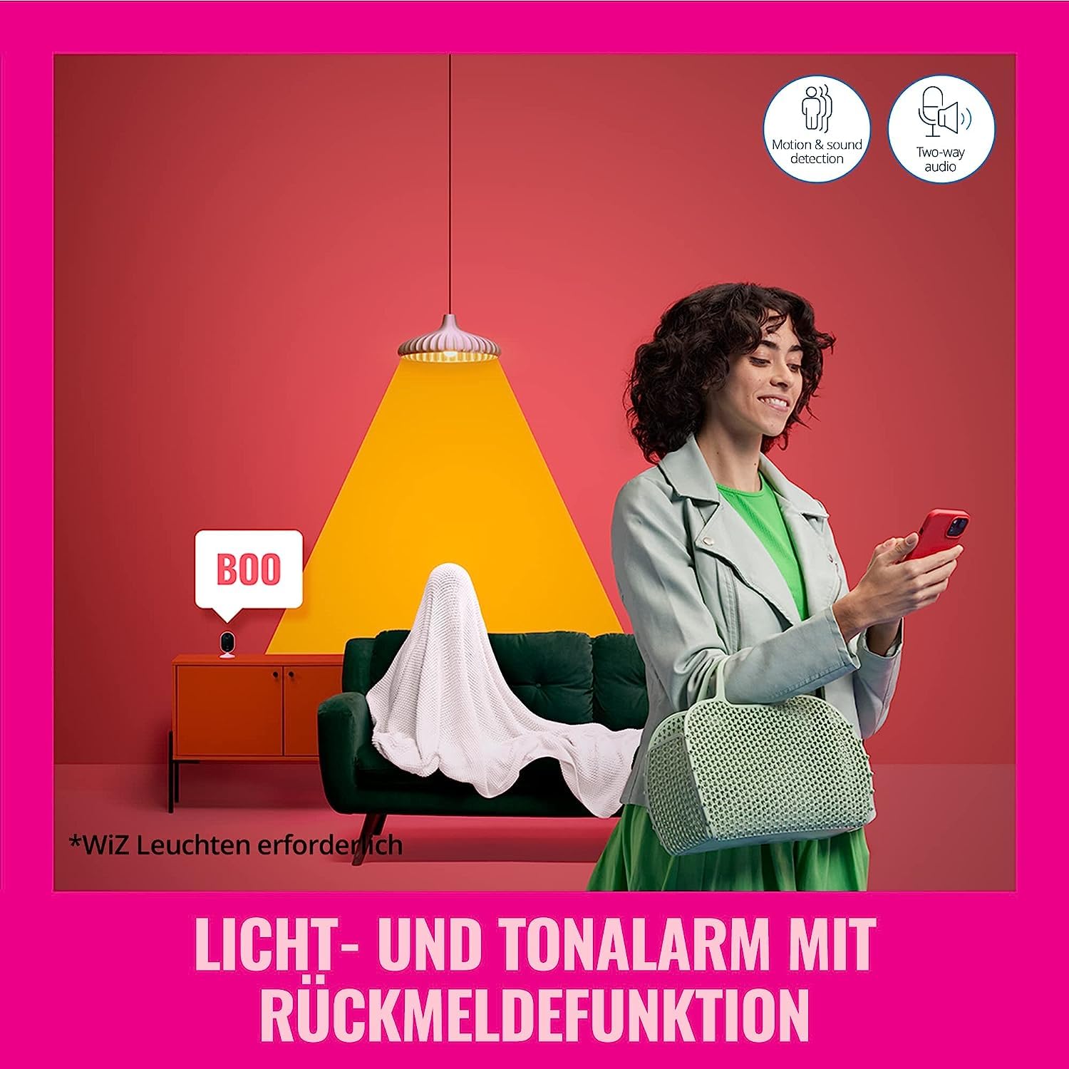WiZ Indoor Kamera, Sicherheitskamera mit Nachtsicht, Audio, Bewegungs- und Geräuscherkennung, smarte Steuerung über WLAN per Stimme/App, weiß