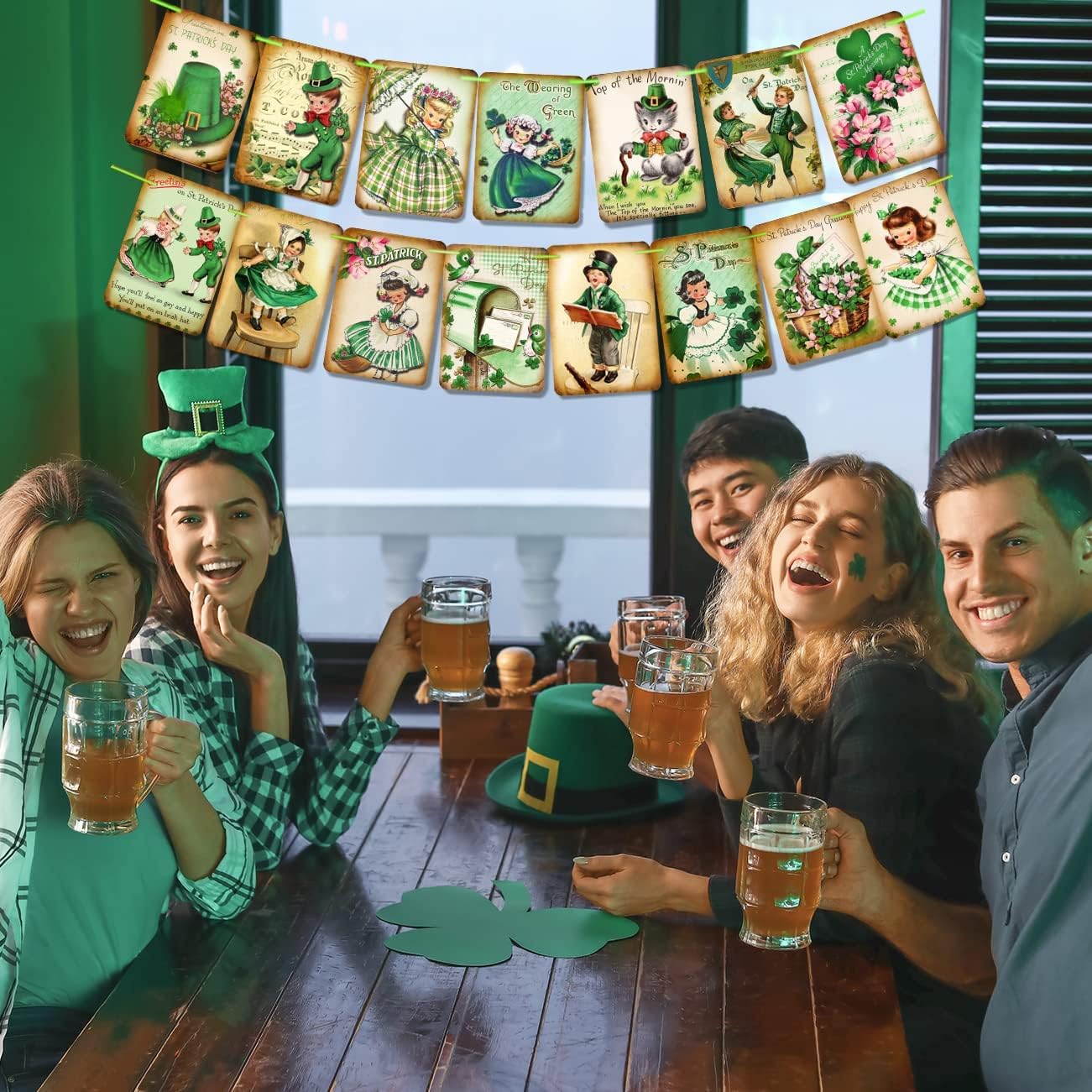 St. Patrick 's Day Decorations -Vintage St. Patricks Day Banner,Shamrock Clover St. Patrick 's Day Garland Irish Party Supplies, 15pcs Lucky Shamrock St. Patrick 's Day Sign for Holiday Home Decor