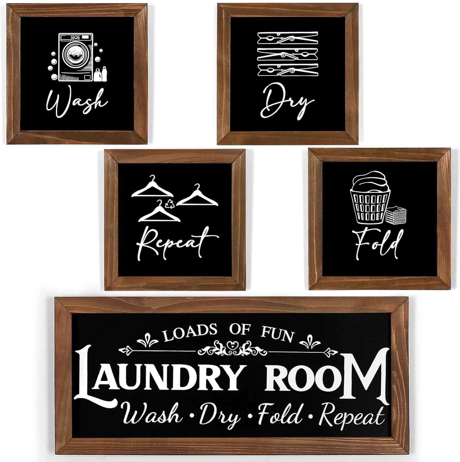 Laundry Room Wall Decor Set of 5 - Farmhouse Wood Signs with Wash Dry Fold Put Away, Rustic Laundry Room Art with Wood Frame Decorative Room Sign