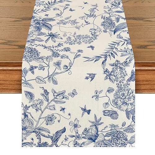 Artoid Mode Monochrome Sketch Birds and Flowers Spring Table Runner,