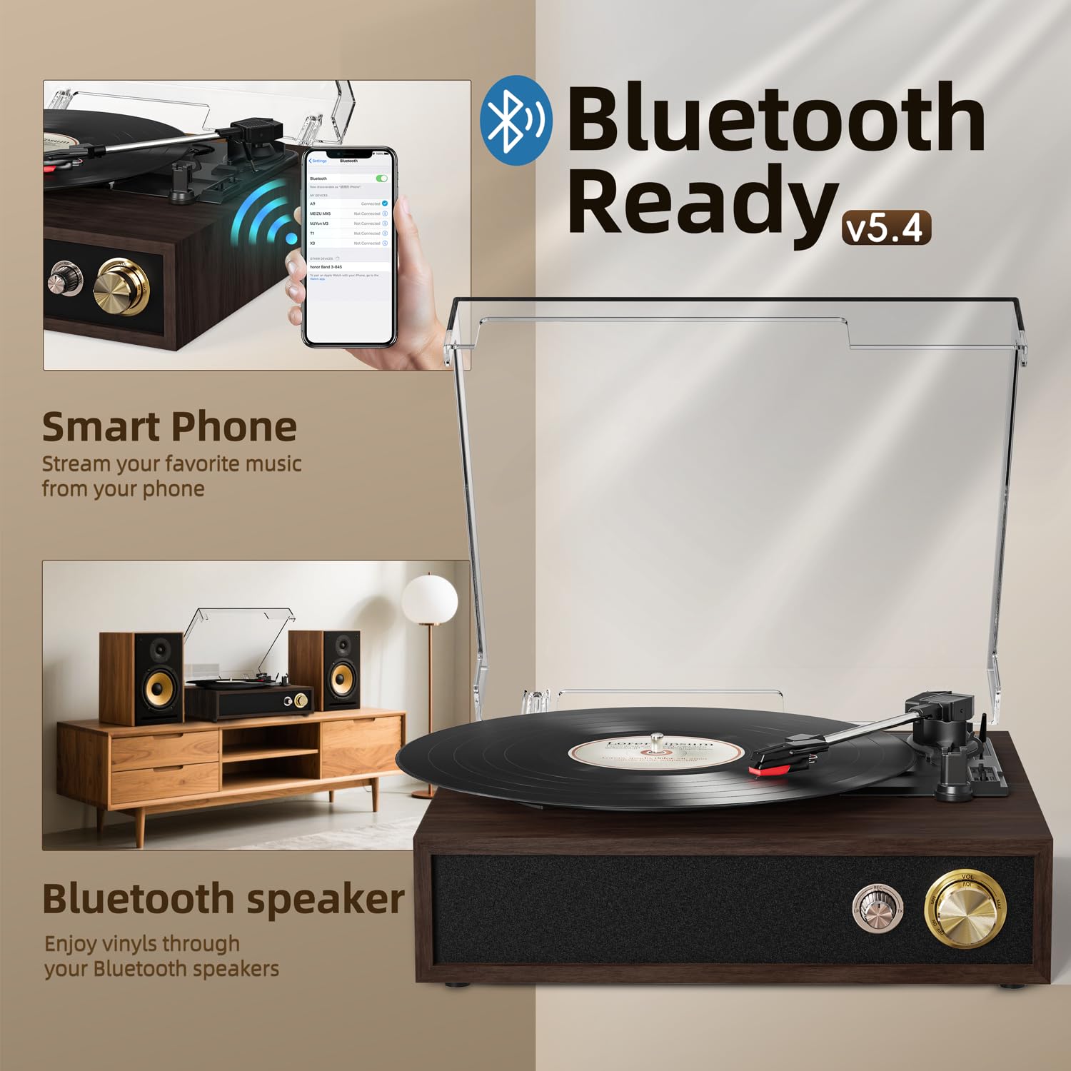 FYDEE Plattenspieler, Vinyl Schallplattenspieler mit Bidirektionalem Bluetooth 5.4, USB-Aufnahme Ohne PC & Wiedergabe, Retro Record Player mit 3-Gang & Dual-Lautsprecher, RCA-Ausgang, Rotbraun