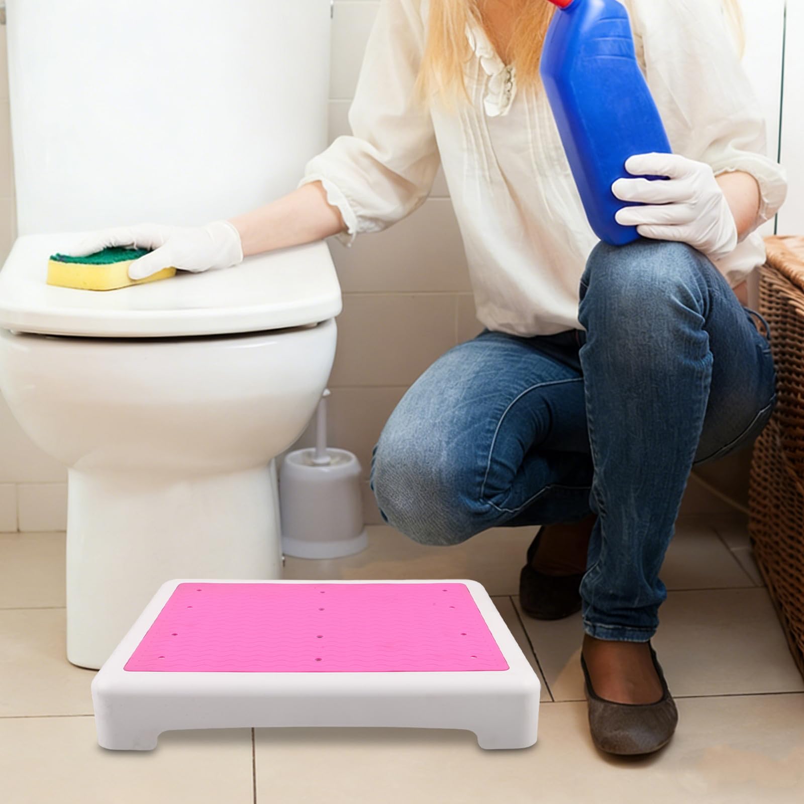 Sgabello Bagno Antiscivolo Rosa in Plastica per Anziani, Facile da Pulire Alta Capacità di Carico, per Toilette e Bagno