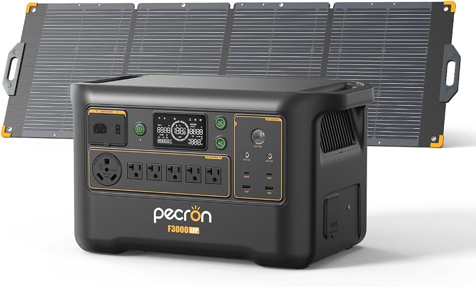 PECRON F3000LFP Solar Generator with 300W Solar Panel, 3072Wh Portable Power Station, 3600W LiFePO4 Battery Home Backup, Fast Charging Lithium Battery with 100W USB-C for Home, Camping, RV, Emergency