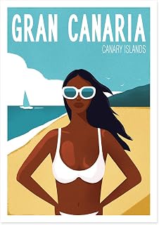 Canary Islands, Gran Canaria, Spain, Housewarming gift, Retro art print, Beach, Ocean, Sailing, Woman in bikini