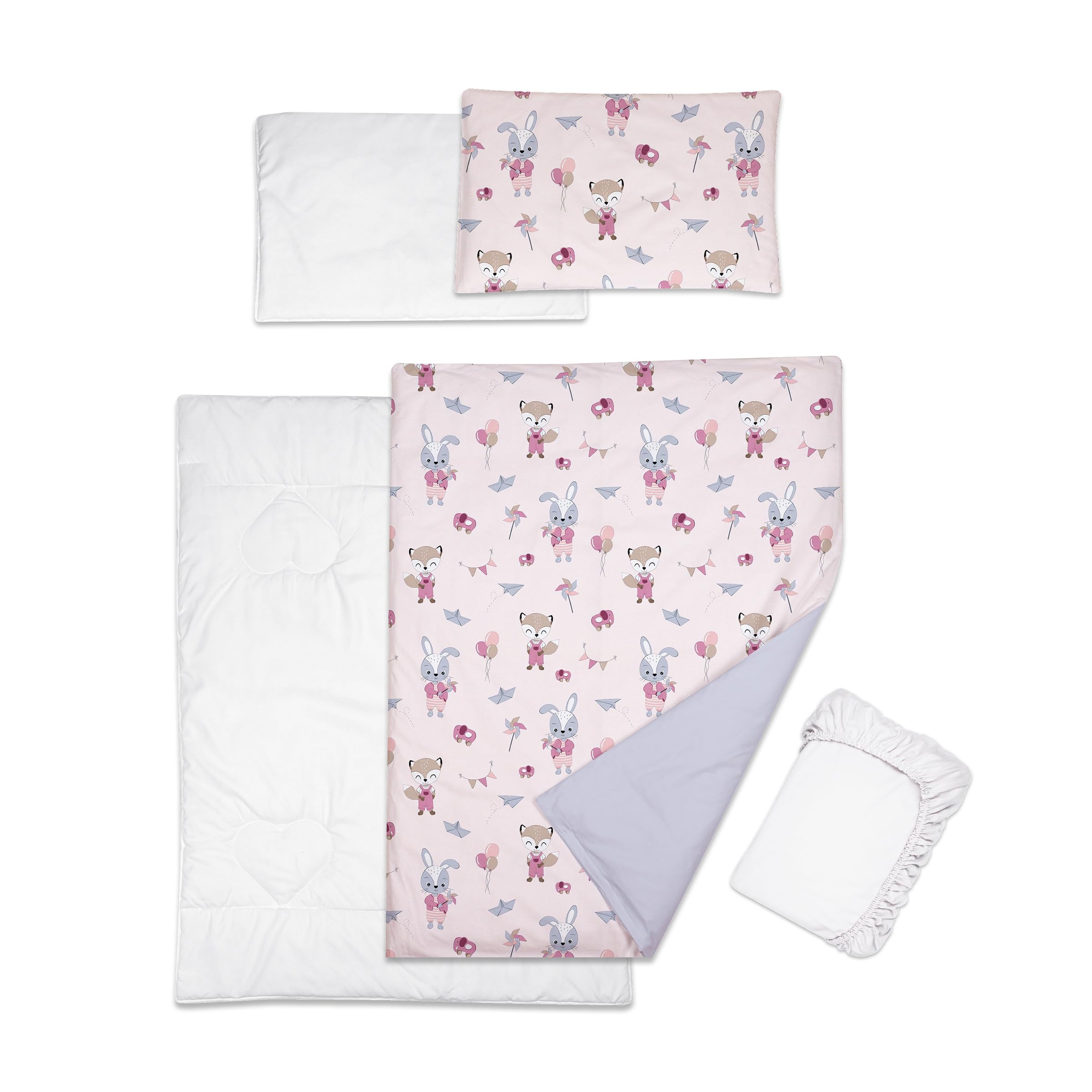 5 Piece Baby Bedding Duvet Pillow with Covers & Jersey Sheet fits 120x60cm Cot Bed (Foxes and rabbits)