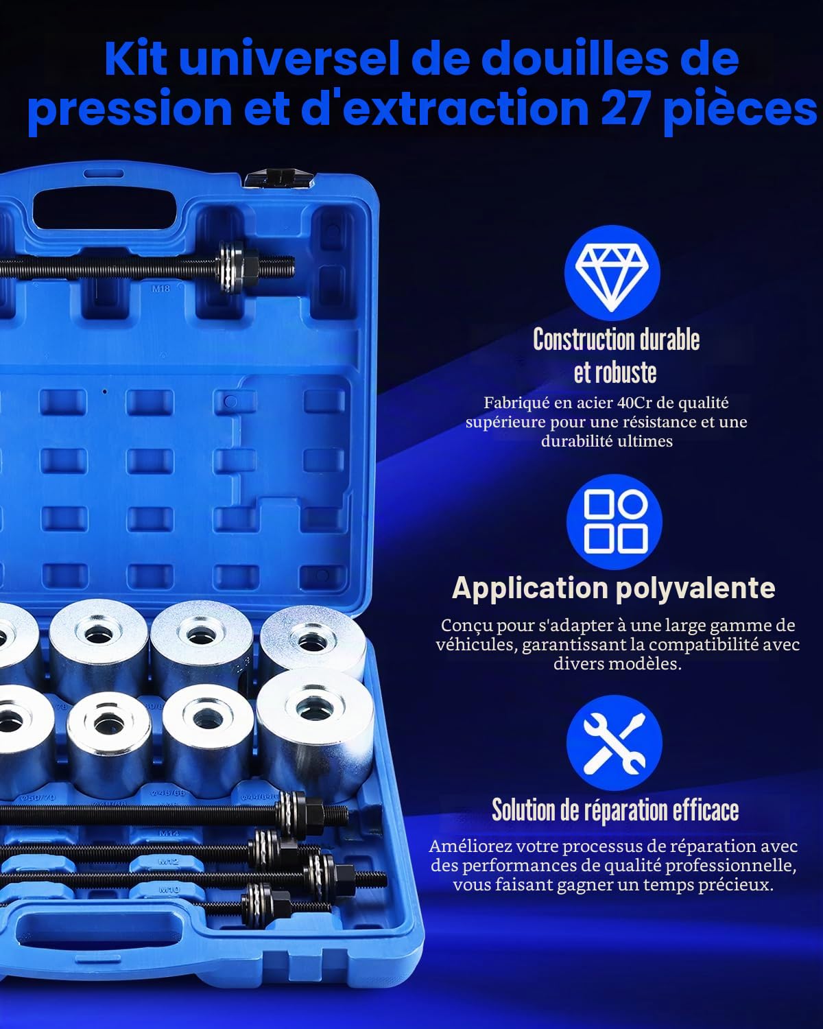 FreeTec Extracteur de Silent Bloc Extracteur de Roulement Intérieur 27pcs – Arrache Roulement Universel avec 5 Broches et 22 Douilles 34–80 mm – Kit Montage/Démontage Roulements, Joints & Silentblocs