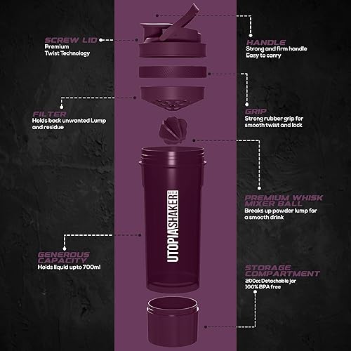 Miniatura 2 de Utopia Home - Paquete de 2, botella para batidos proteínicos agitándolos, sin BPA, antifugas, botella para hacer mezclas de proteínas con recipiente