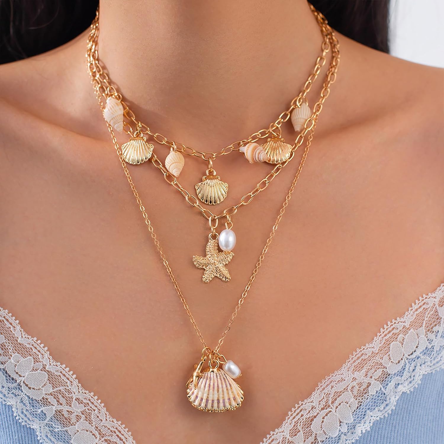 Gold Plated Layered Charm Shell Starfish Necklace for Women Beach Jewelry Ocean Inspired Summer Seashell Choker, Boho Stackable Chain with Pearl Ideal Gift - Image 2
