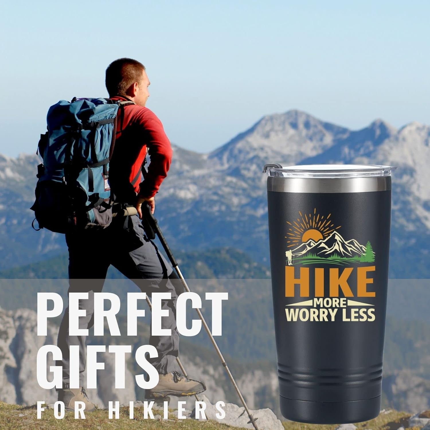Onebttl Hiking Gifts for Hikers, Men for Christmas, Birthday, 20oz Stainless Steel Tumbler Travel Cup with Straw & Lid - Hike More Worry Less Black - Image 2