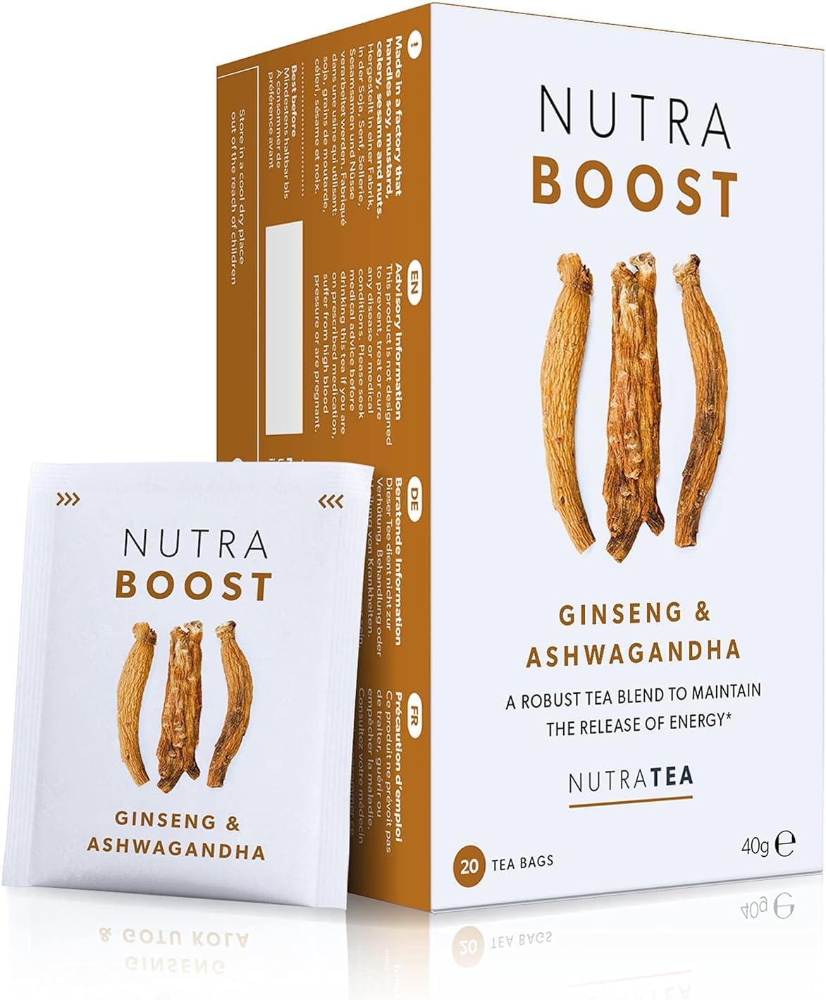 Nutra Tea NUTRABOOST - Energy Tea - Herbal Energy Boost Tea - Helps With Tiredness And Fatigue -Includes Green Tea, Ginseng & Ashwagandha - 20 Individual Wrapped Bags - Herbal Infusion (1 Pack)