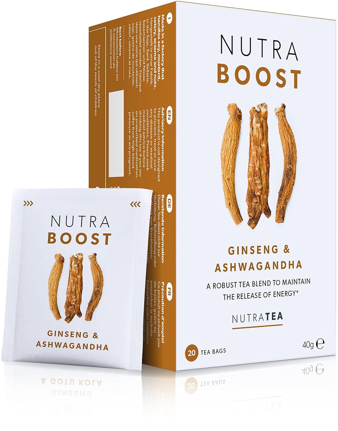 NUTRABOOST - Energy Tea | Focus Tea – Includes Astragalus, Ashwagandha & Gotu Kola - Naturally Caffeine-Free and Sugar-Free - 60 Enveloped Tea Bags - by Nutra Tea - Herbal Tea - (3 Pack)