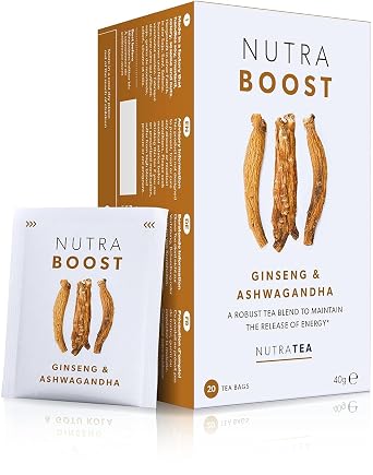 Nutra Tea NUTRABOOST - Energy Tea | Herbal Energy & Focus Tea - Help With Tiredness And Fatigue - Includes Green Tea, Ginseng & Ashwagandha - 20 Individually Wrapped Bags - Herbal Teas
