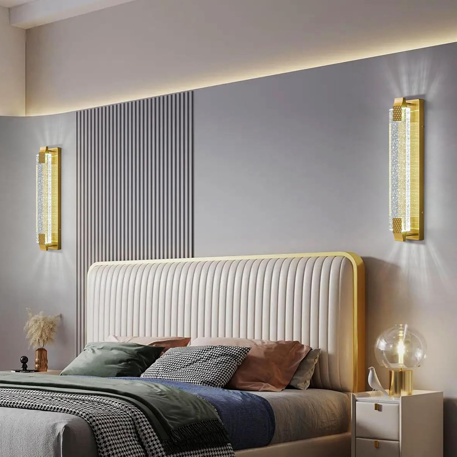 Modern Crystal Wall Sconce Lighting with Bubble Crystal Bathroom Light Fixture 23.03in Gold LED Vanity Lights for Bathroom Hallway Bedroom Living Room Sconces Wall(2 Pack)