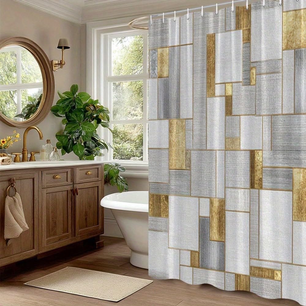 Moderner Abstrakter Duschvorhang – Elegante und goldene 3D-Digitalmalerei für Badezimmer – Badezimmervorhang (180 x 300 cm / 71 x 118 Zoll (B x H))