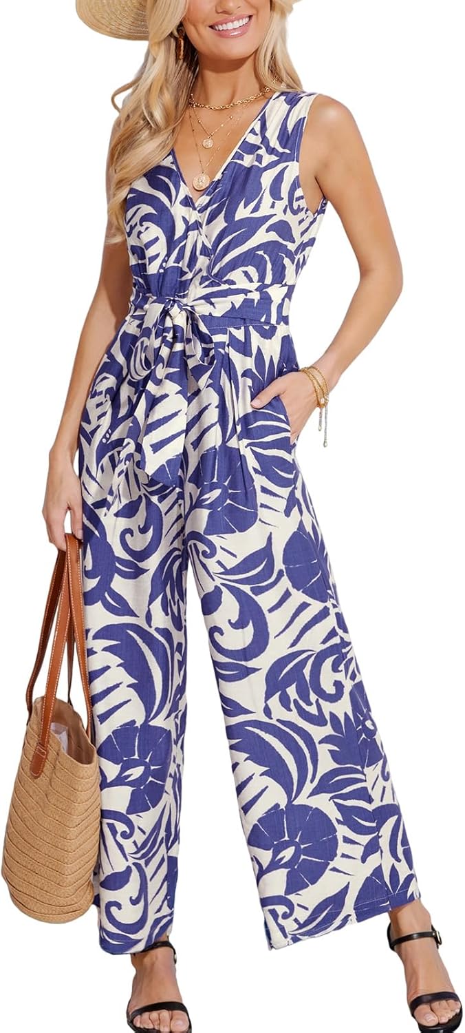 CUPSHE Women's Surplice Neckline Sleeveless Jumpsuit Waist Wie Wide Leg Dressy Vacation Beach 2025 Outfits