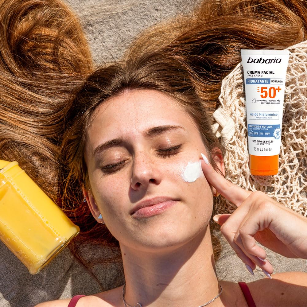 Babaria Crema Solar Facial SPF50+ con Ácido Hialurónico 75 ml – Hidratante, Antiarrugas y Antimanchas | Protector Solar 50 Facial UVA UVB e Infrarrojos
