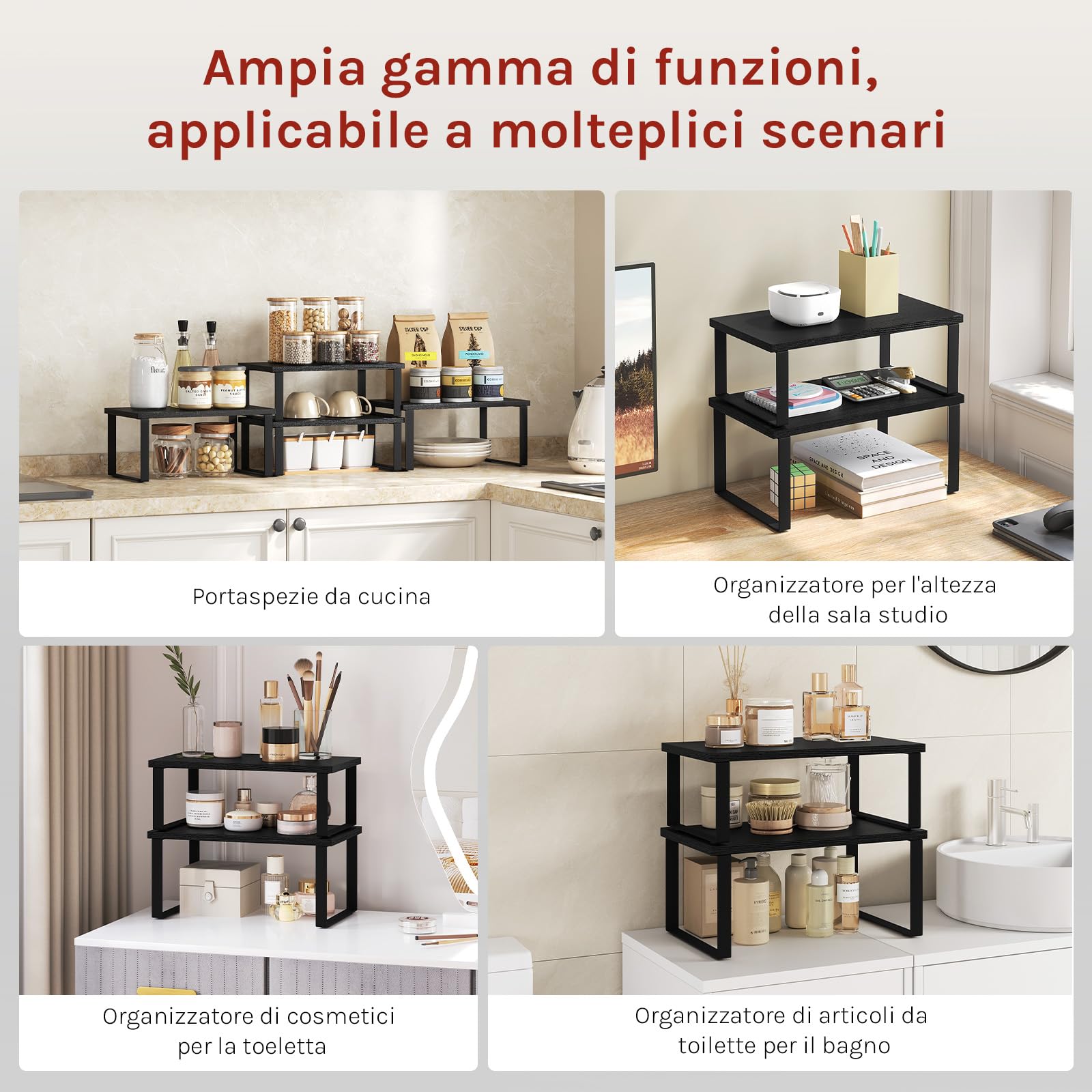 WOLTU Set di 2 Scaffali da Cucina, Porta Spezie Impilabili, Organizer da Cucina in MDF, Scaffali Indipendenti per Armadietti, 34x19,5x15,5+34x18,5x12,5 cm, Nero