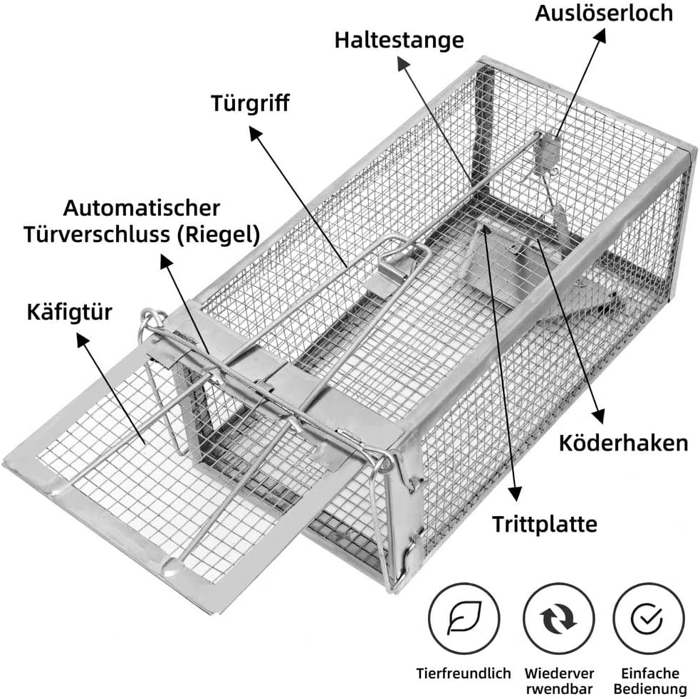 Humane Rat Trap - Catch & Release Chipmunks,Rats & Mice,Live Mouse Trap for Indoor & Outdoor Use ， No-Kill Rodent Trap for Home, Yard, Garage ，Reusable Metal Cage 10.5"x5.5"x4.5"(2pack)