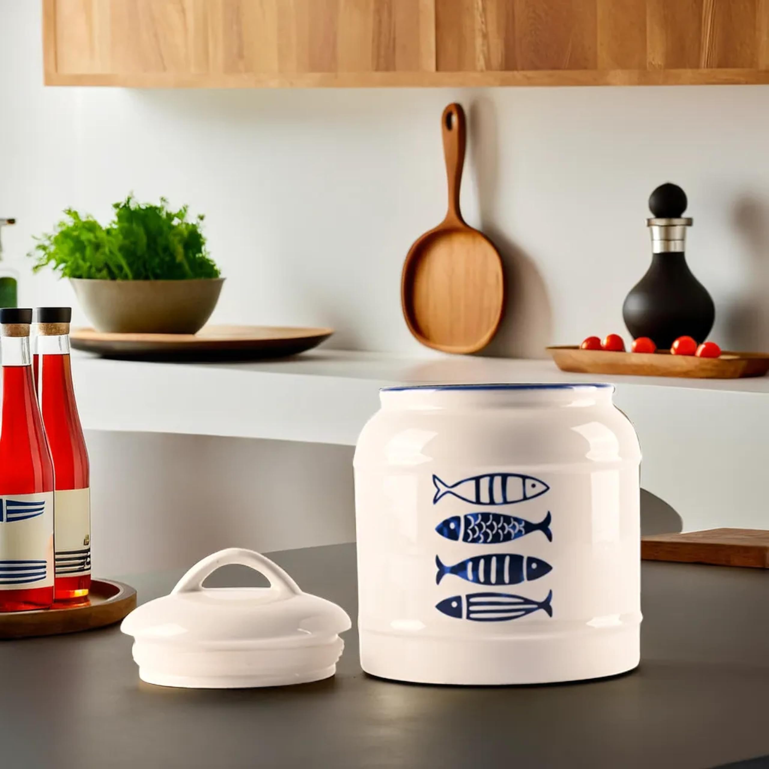 Kuber Industries Ceramic Pickle Jars with Airtight Lids For Kitchen Condiment | Multipurpose Chini Mitti Barni Pot Container for Sugar, Achar, and Salt | Blue Fish Print-White