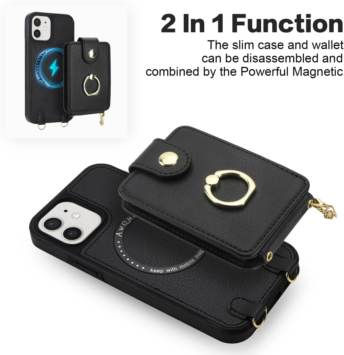 Asuwish Phone Case for iPhone 12 Pro iPhone12 6.1 Wallet Cover Magnetic Detachable and Screen Protector Ring Kickstand Compatible with MagSafe RFID Blocking iPhone12pro 5G i 12s 12pro for Women Black