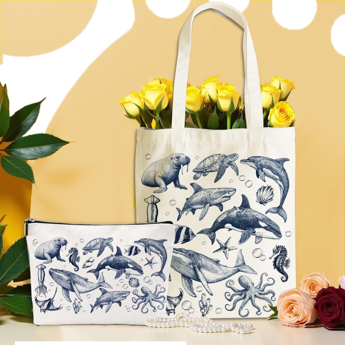 Retro Ocean Animals Turtle Whale Shark Gifts Cosmetic Bags for Women Girls Bestie Lovers Canvas Tote Bag Makeup Bag, Reusable Grocery Bags with Inner Pocket for Gym Beach Birthday Christmas Thank You