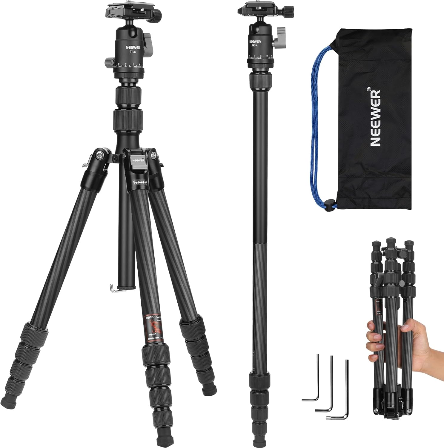 NEEWER Carbon Fiber Camera Tripod Monopod, 65" Lightweight Compact Portable Travel DSLR Video Stand, 360° Ball Head, Anti Slip QR Plate, Inverted Central Axis, Reversible Legs, Max Load 13.2 lbs, TP39