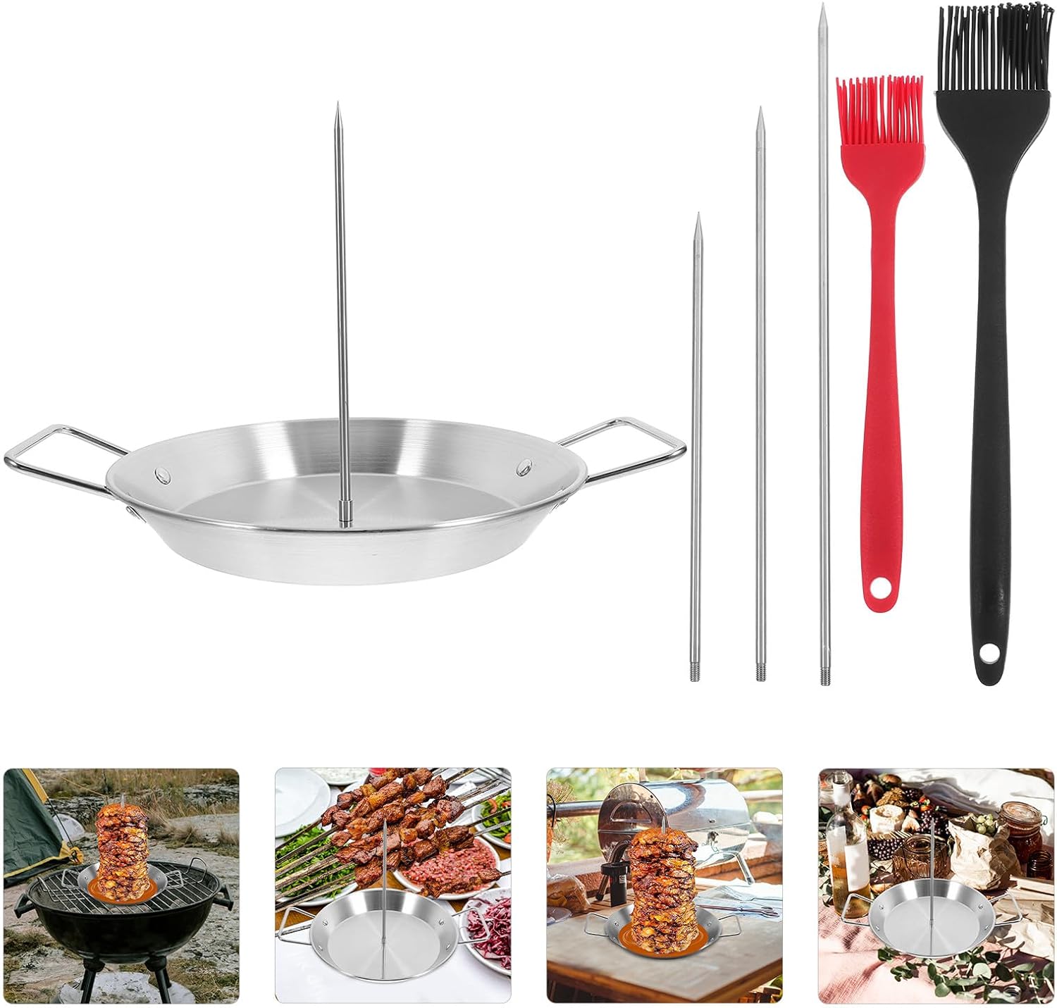 VALICLUD 9in Stainless Steel Vertical Chicken Roaster Rack with 3 Removable Skewers and Oil Basting Brush for BBQ Grilling Outdoor Cooking Accessories