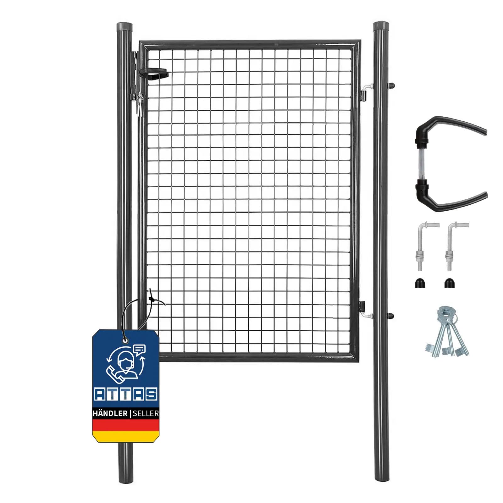 ATTAS Gartentor Metall | 125x100, anthrazit, inkl. Schloss und 3 Schlüssel abschließbar| Zauntür, Gartentür für Doppelstabmattenzaun Tor, Zauntor Metall, Hoftor, Rund