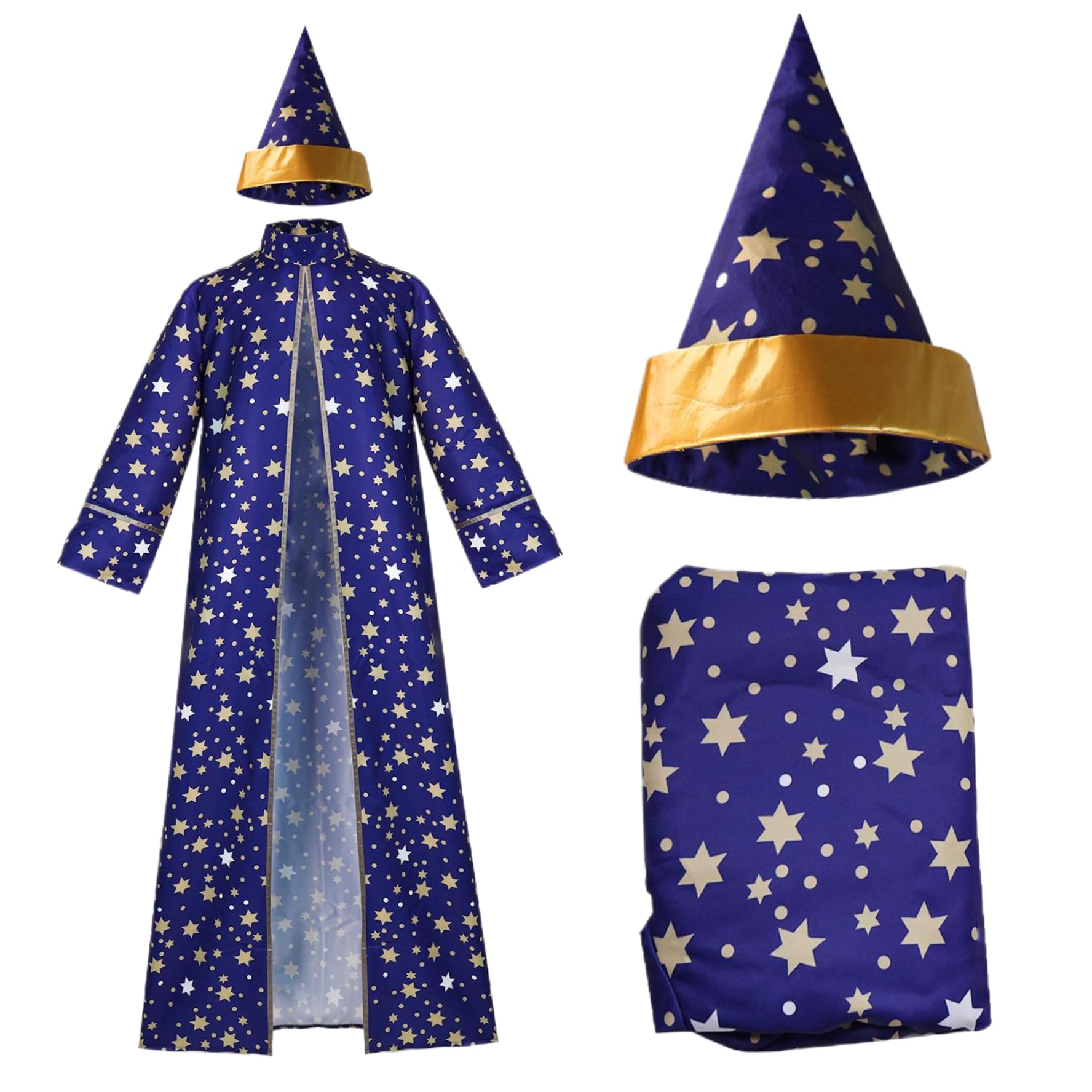 Peosaard Wizard Costume Long Sleeves Blue Wizard Robe and Hat Polyester Star Pattern Cloak Adults Robe for Halloween Party, Cosplay(L), Costume Men