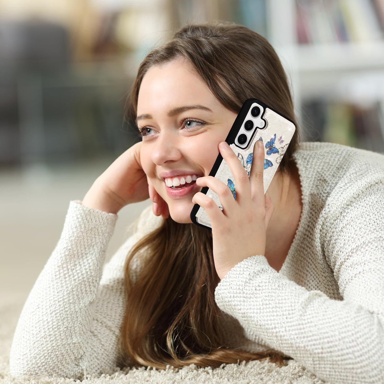 UEEBAI Wallet Case for Samsung Galaxy S25 5G with Card Holders, PU Leather Cover Kickstand RFID Blocking Double Magnetic Clasp Rilievo Flower Shockproof Flip Case for Women Girls - Blue Butterfly - Image 6