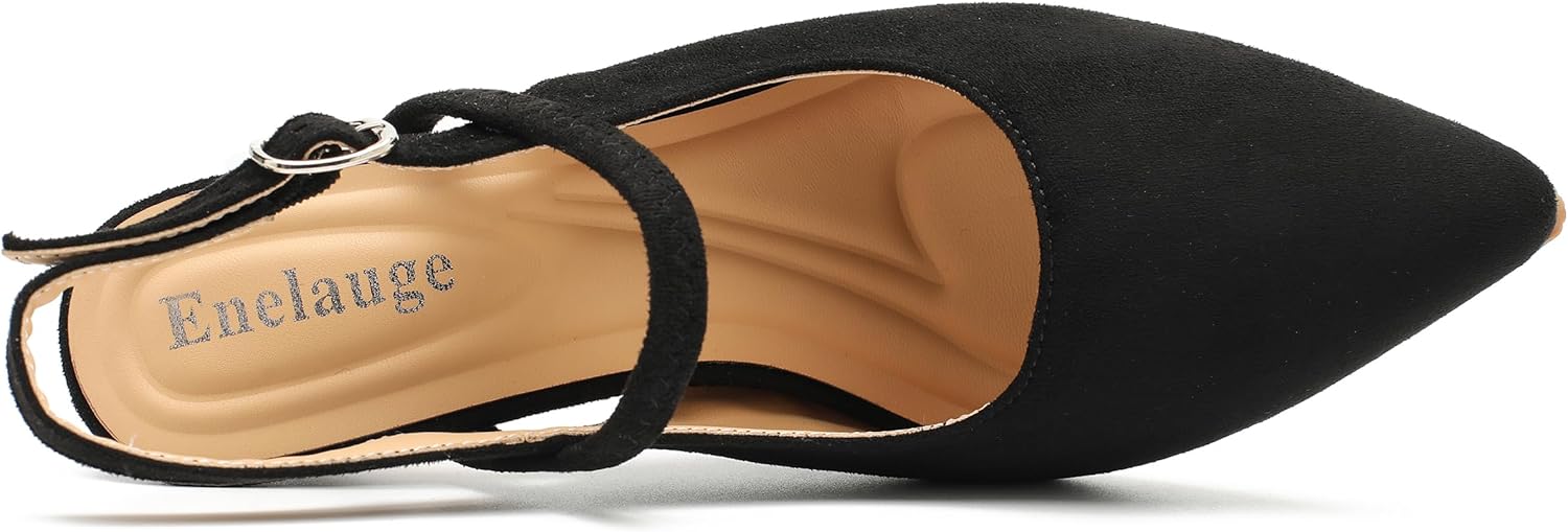 Enelauge Women's High Heels Pumps Stiletto 3.5 inch Pointed Toe Slingback Pumps D'Orsay with Strap Wedding Bride Prom Party Evening Shoes Black Suede 38-7US - Image 5