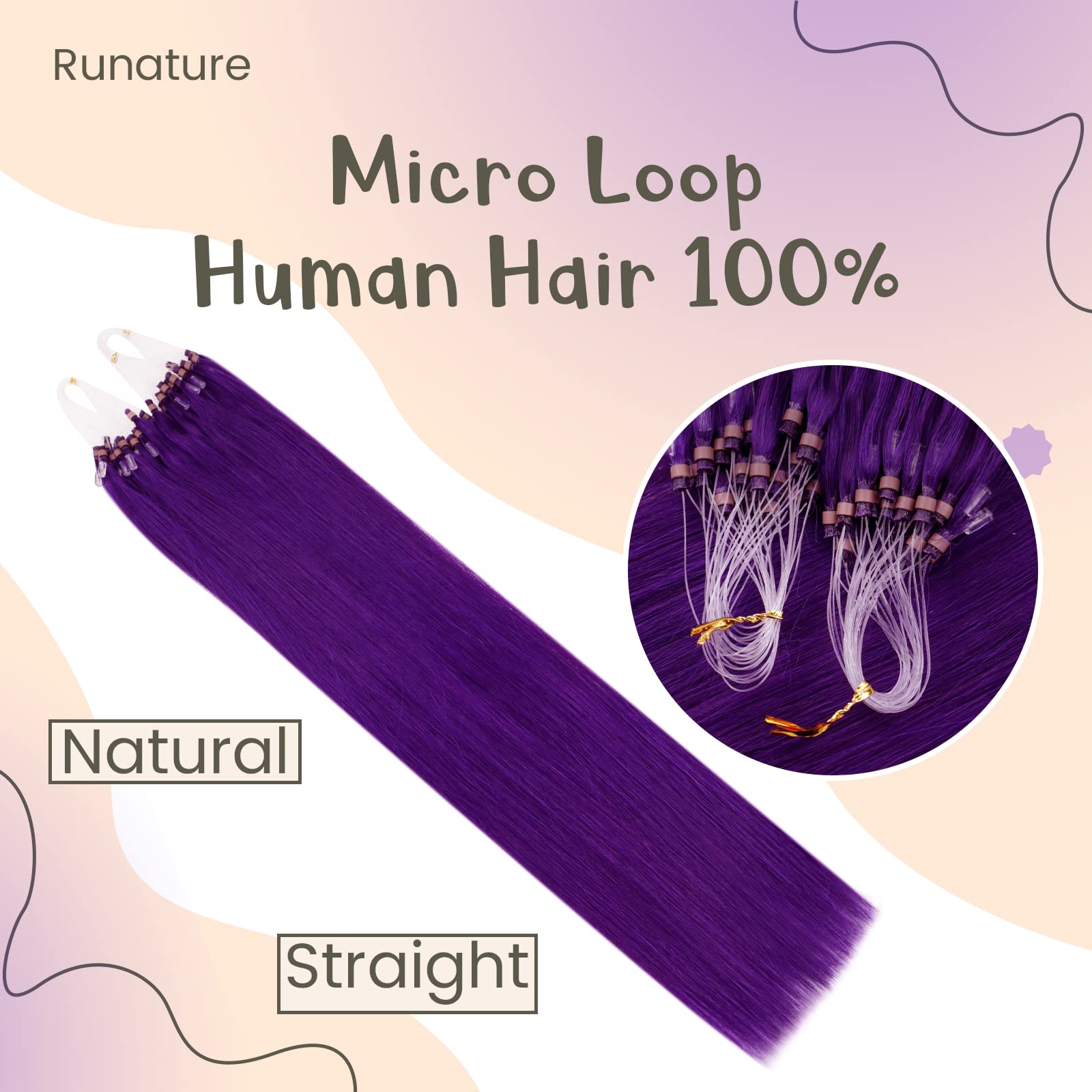 RUNATURE Micro Beads Hair Extensions Real Hair Purple Remy Micro Ring Hair Extensions Invisible Remy Straight Micro Hair 14 Inch 25g/25strands #Purple - Image 2