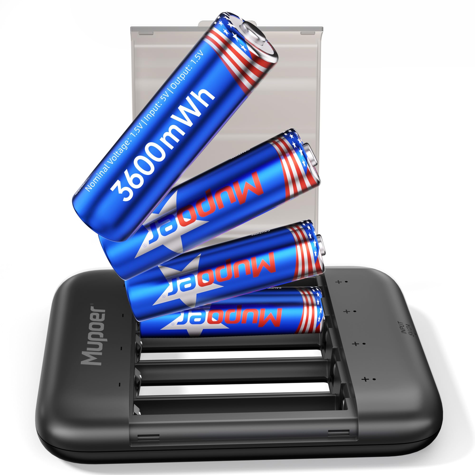 Mupoer Rechargeable AA Batteries with Box,3600mWh Lithium Batteries AA 1.5V 4 Count,Double A Battery Rechargeable,Long Lasting Lithium ion with Ultra Thin Charging Storage Box for Blink Xbox