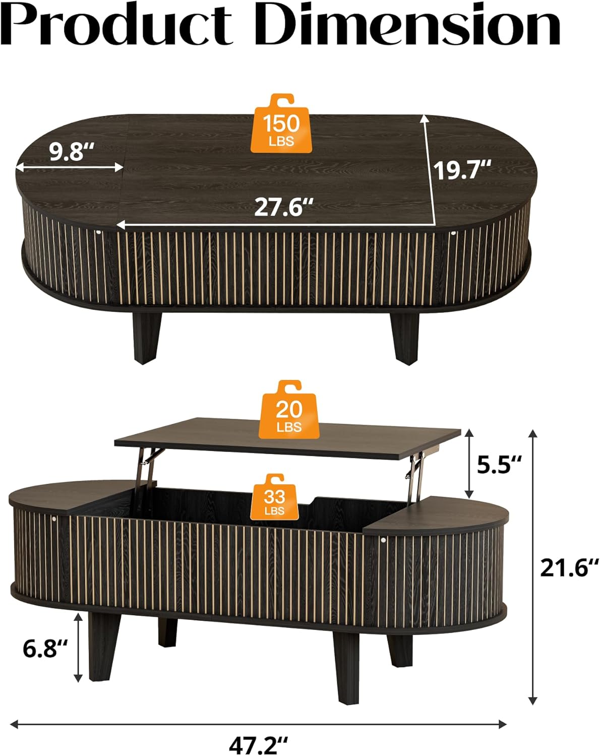 Oval Lift Top Coffee Table with Storage, Fluted 47" Wood Mid Century Modern Coffee Table for Living Room, Black
